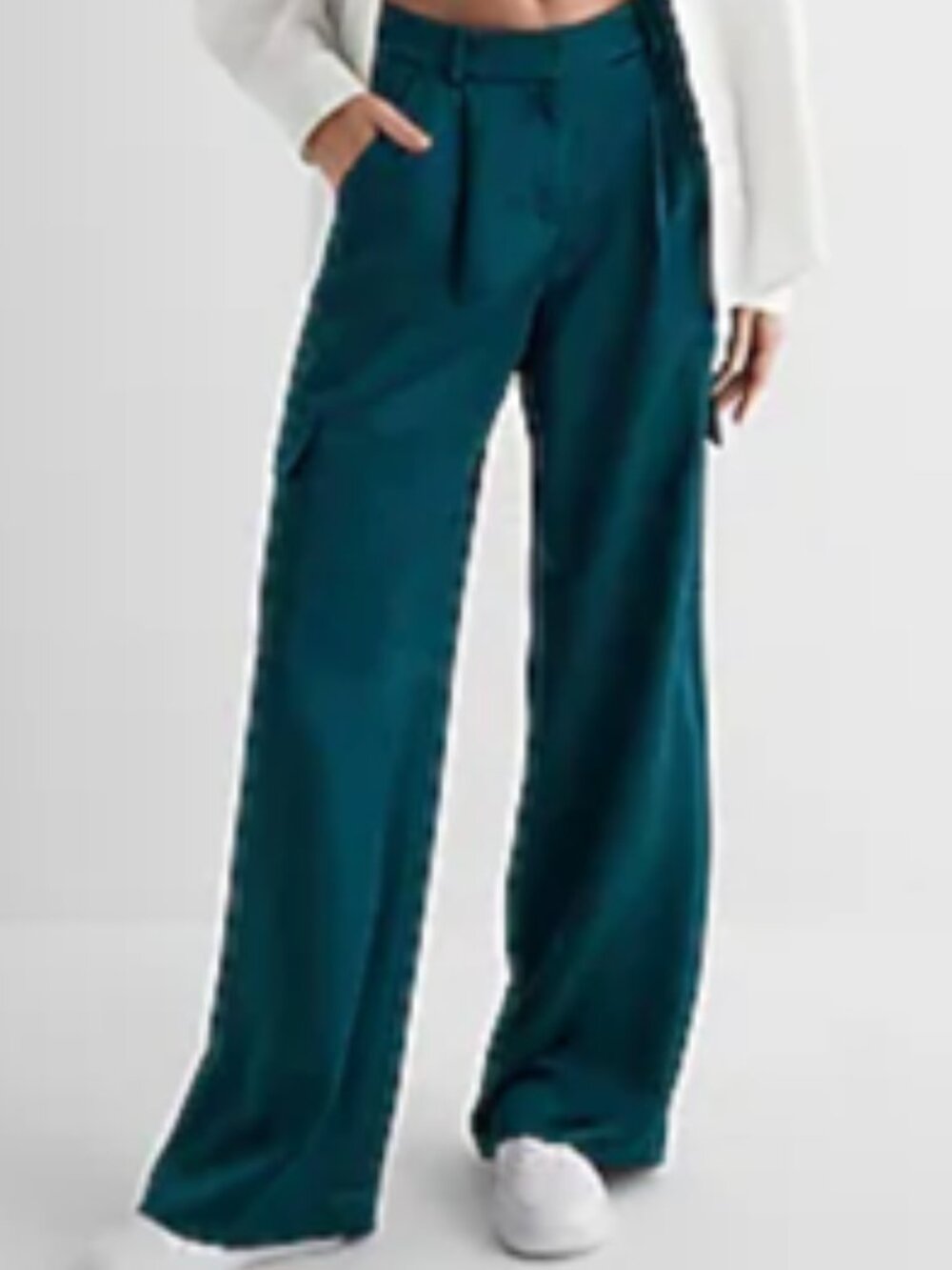 Express Teal Satin High Rise Wide Leg Cargo Trouser Sz 12 Long